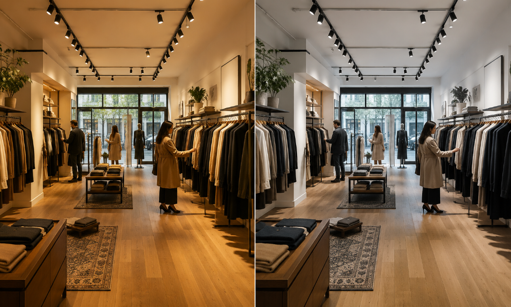 Side-by-side interior view of identical clothing boutique under two 
different LED track lighting color temperatures: left half illuminated 
with 3000K warm white creating a rich, flattering atmosphere suited 
to luxury fashion and jewelry retail; right half under 4000K neutral 
white delivering clean uniform brightness typical of grocery, pharmacy 
and electronics stores — both with CRI ≥ 90 for accurate color rendering