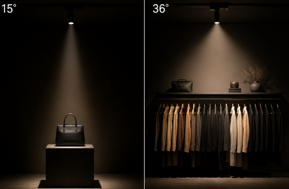 Dark retail interior demonstrating two track spotlight beam angles: 
left — a 15-degree narrow COB spot aimed at a single hero product 
pedestal, producing tight high-contrast circle of 500–750 lux accent 
light for maximum visual impact; right — a 36-degree flood beam 
evenly washing a full clothing rack at 300–400 lux for readable 
merchandise display. Professional retail lighting design combines 
both angles to guide customer movement and create depth without glare