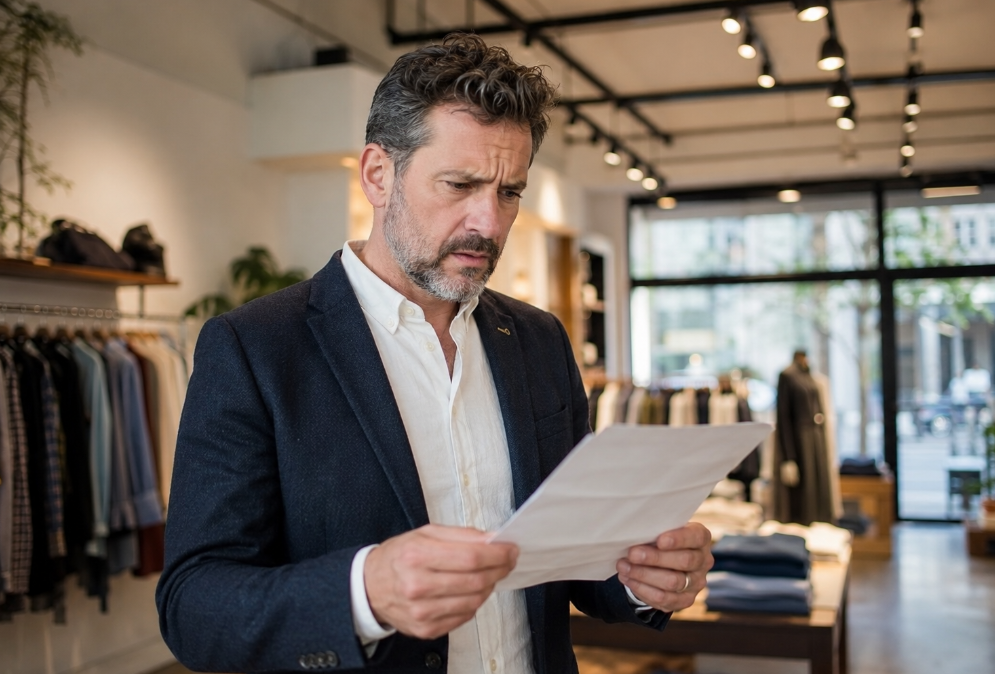 A retail store manager in a modern European clothing boutique examines 
a commercial electricity bill, ceiling-mounted LED track spotlights visible 
above — illustrating why high-efficacy track lighting at 160 lm/W has 
become a financial priority for retail operators facing commercial 
electricity prices of €0.35–0.38 per kWh in Germany, Belgium and Denmark