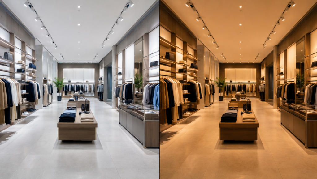 Comparison of cool-white daytime lighting and warm evening lighting in a retail store