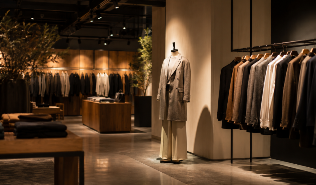 Layered retail store lighting with bright spotlights on clothing racks and dimmer ambient light elsewhere