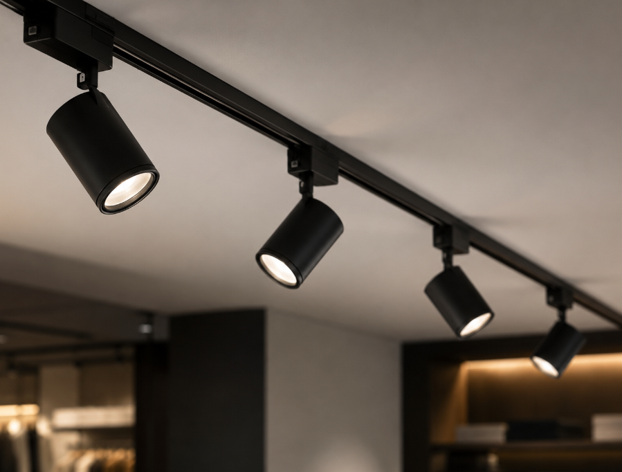 Adjustable ceiling track lighting system with multiple spotlights aimed at different angles in a retail store