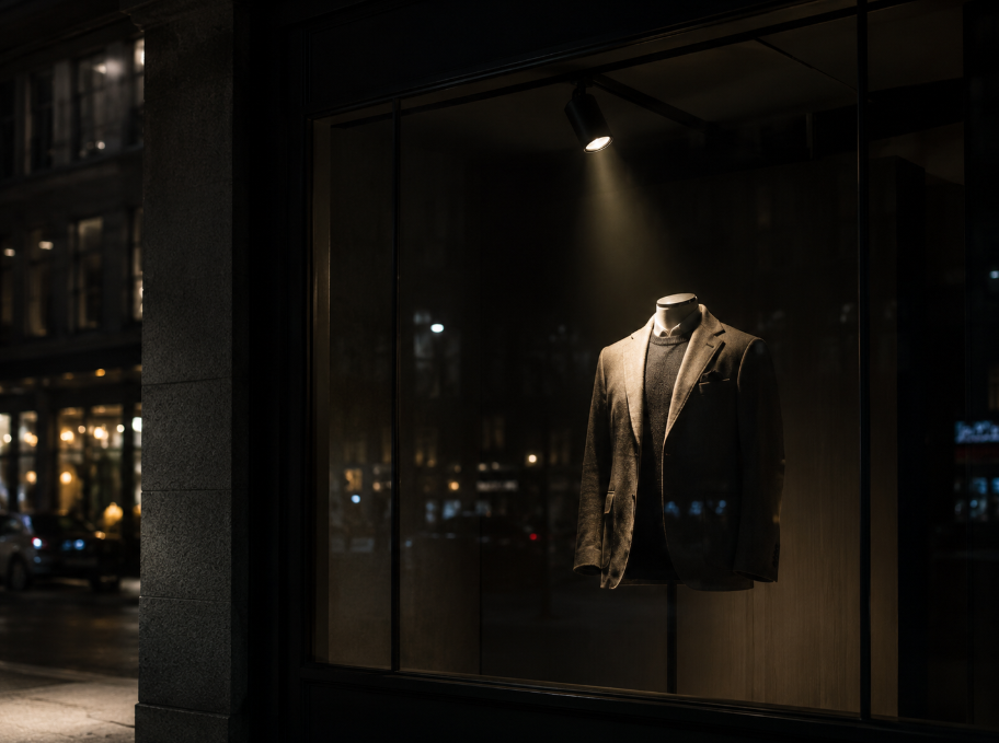 Store window display at night with a single mannequin lit by a narrow spotlight against a dim background