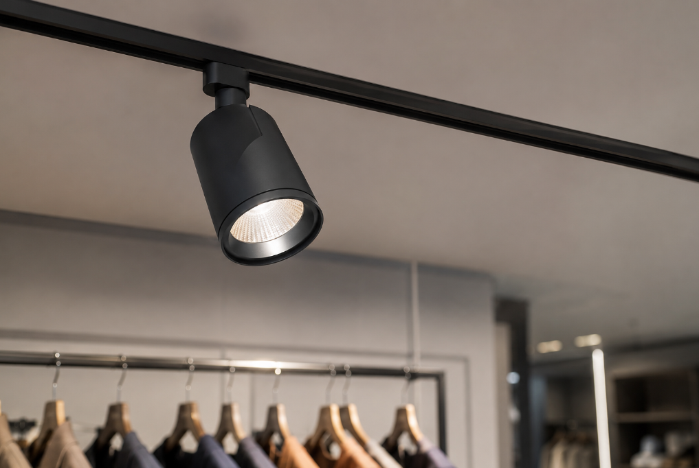 Close-up of an adjustable LED track spotlight aimed at a clothing rack in a boutique store