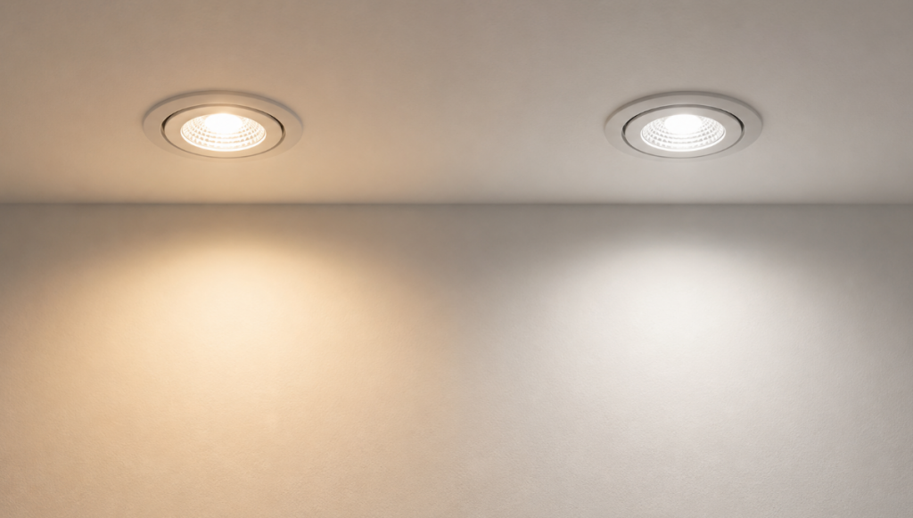 Side-by-side comparison of two identical downlights showing a visible color temperature mismatch despite matching 3000K label