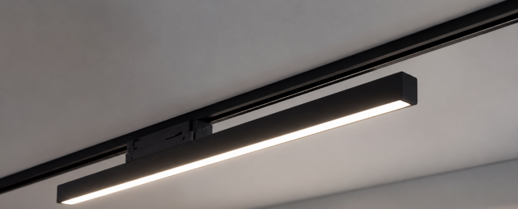 Track linear light fixture mounted on a ceiling rail system, showing a continuous LED light strip