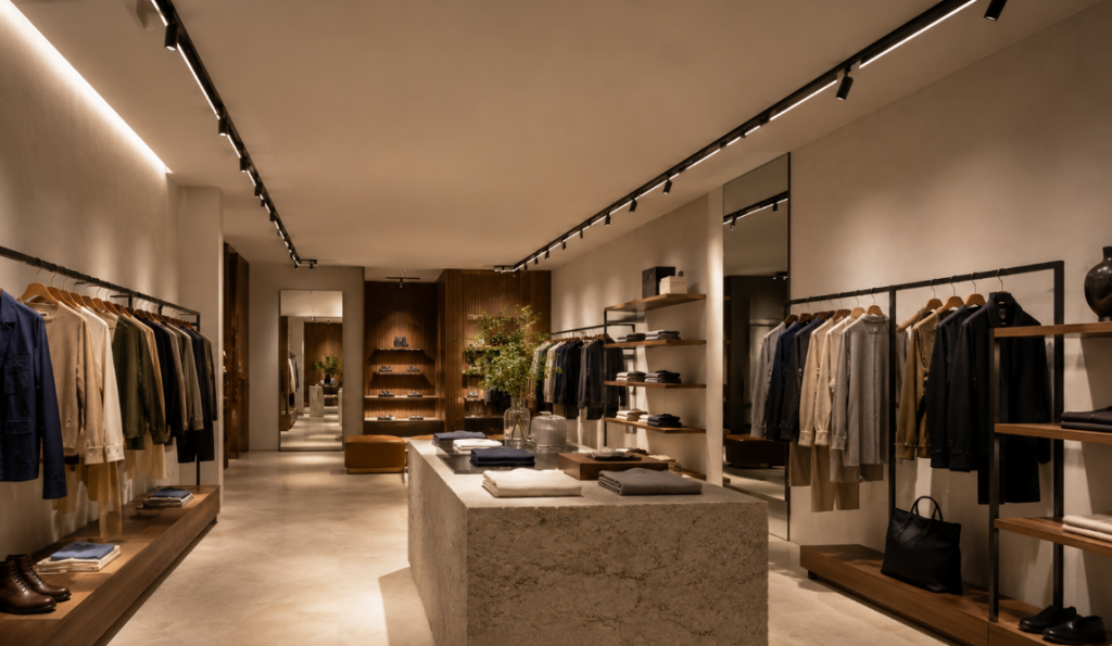 Retail clothing store interior lit by track linear lights highlighting merchandise on display shelves