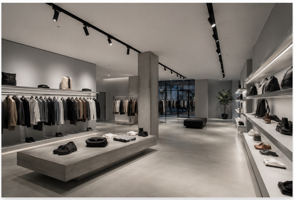 Modern retail store interior lit by adjustable track spotlights at 4000K neutral white color temperature