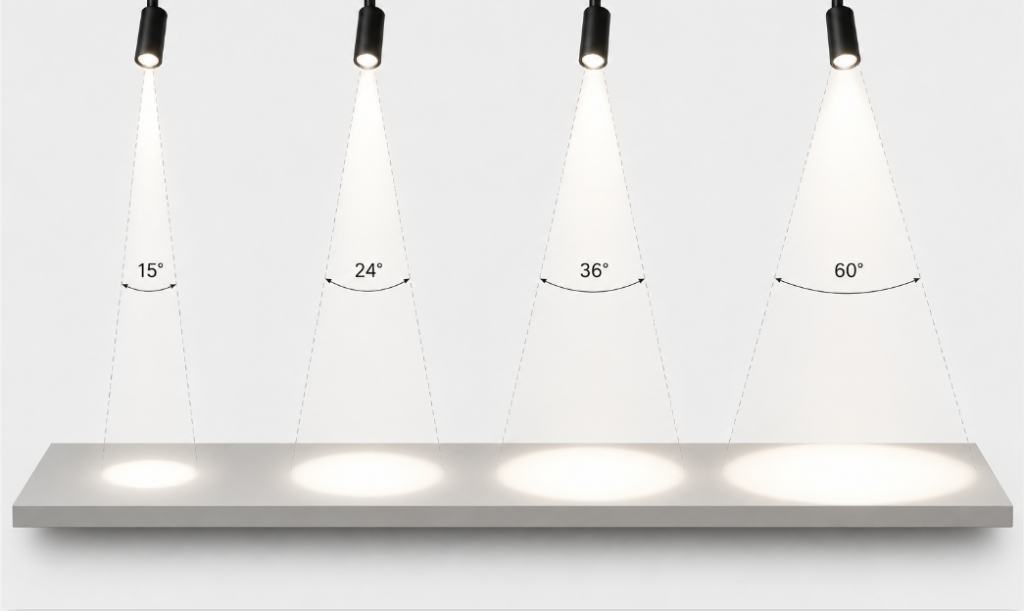 Diagram comparing 15°, 24°, 36° and 60° beam angles from a retail track spotlight at 4000K