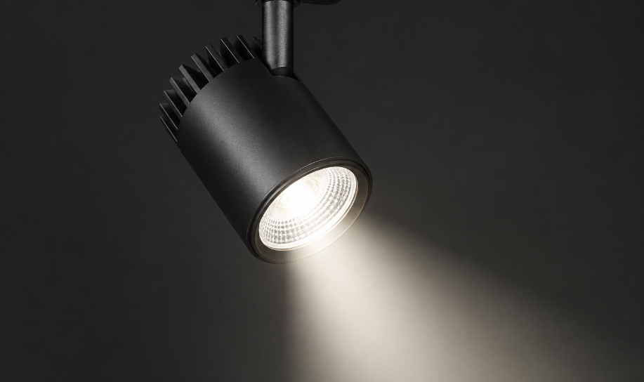 Close-up of a black LED track spotlight fixture emitting 4000K neutral white light