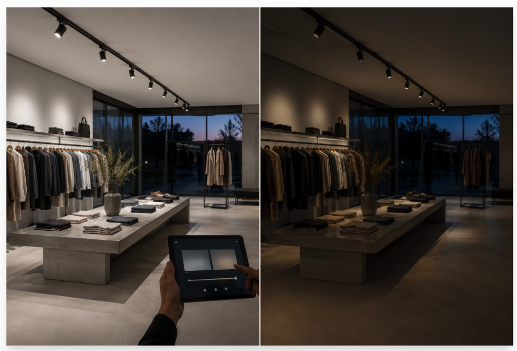 Retail track lighting system showing dimmable 4000K lighting scenes controlled via wireless panel