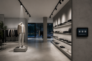 Modern retail store lit by an adjustable black track spotlight system at 4000K neutral white, combining narrow accent beams on a featured display with wider fill lighting across the shelving wall