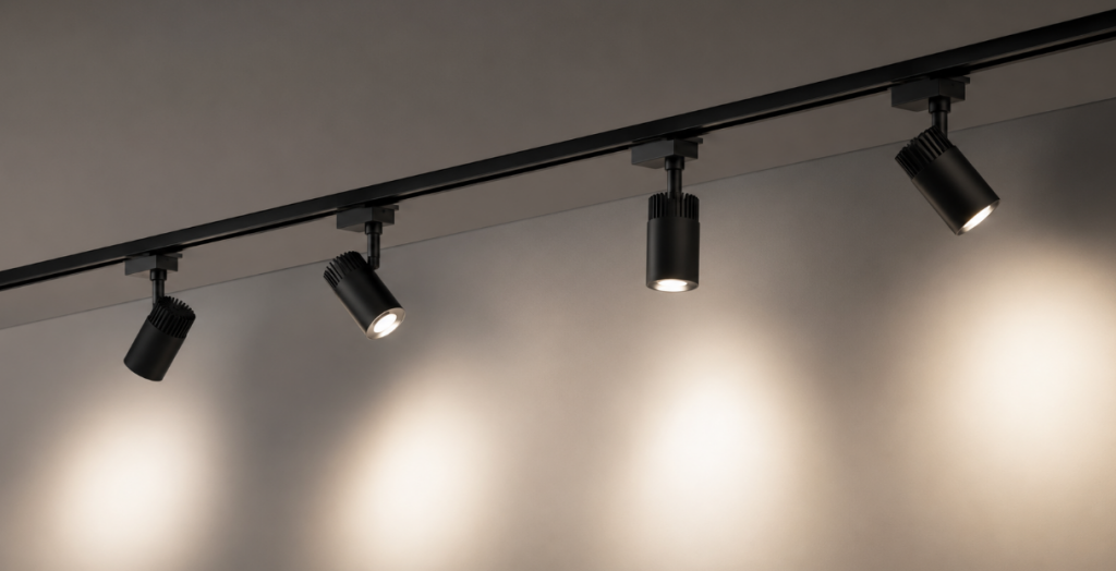 Black electrified track rail with adjustable LED spotlights illuminating a gallery wall