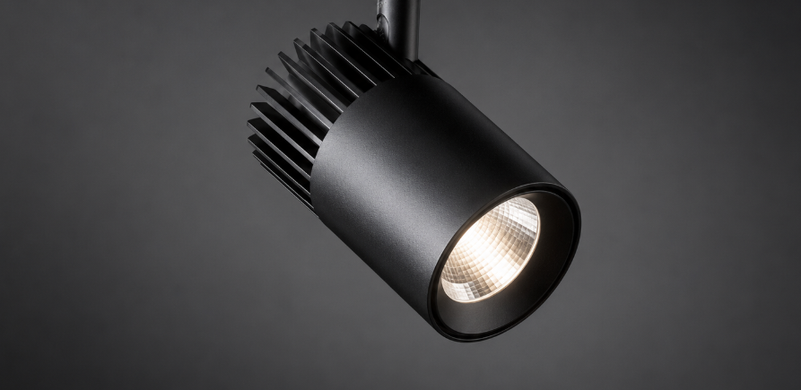 Adjustable LED track spotlight head with metal housing and zoom beam control