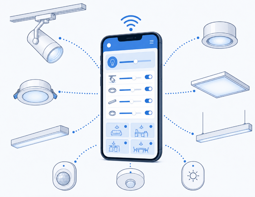 Wireless mesh lighting control system connecting ceiling fixtures to a smartphone app