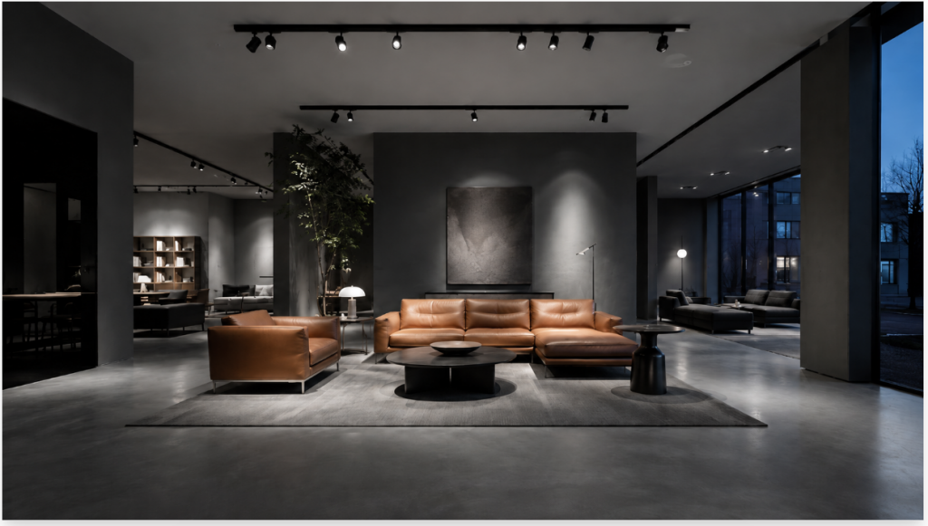 European furniture showroom at dusk with layered lighting — soft ambient ceiling wash around 200 lux and a single sofa grouping lit by 3000K COB track spotlights at roughly 800 lux, creating clear visual hierarchy without harsh contrast, minimalist Scandinavian interior