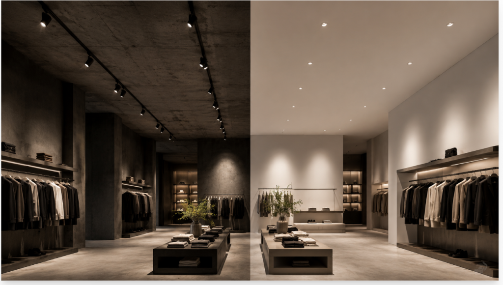 Split comparison of two showroom ceiling types — exposed 3-circuit aluminium track with adjustable COB spotlights on an industrial concrete ceiling versus a flush white plaster ceiling with recessed anti-glare spotlight trims, both lighting a display area at matching colour temperature