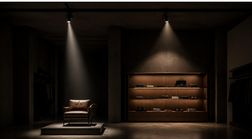 Showroom interior demonstrating layered beam angles — a narrow 15-degree spotlight creating a high-contrast circle of light on a single leather armchair, next to a wider 36-degree flood beam evenly washing a wall shelving display, both fixtures mounted on the same ceiling track