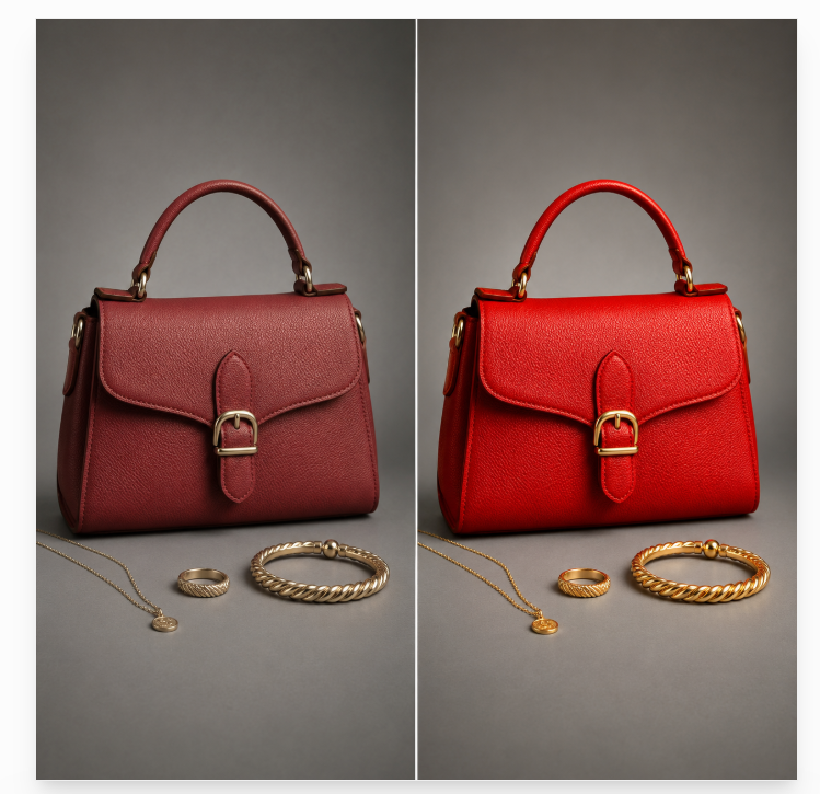 Side-by-side comparison of a red leather handbag and gold jewellery under low-CRI 80 lighting appearing dull and grey versus high-CRI 97 lighting with strong R9 showing accurate, vivid red and gold tones