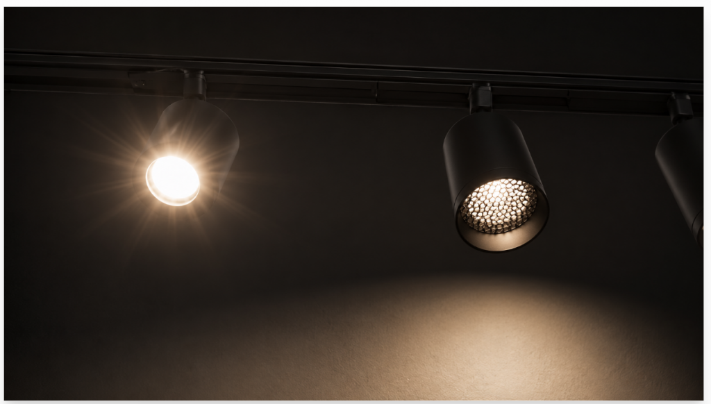 Comparison of showroom track spotlights viewed from below — an exposed bare LED chip producing visible glare and a harsh hotspot, next to a fixture with a deep anti-glare reflector and honeycomb louvre producing a soft, glare-free cut-off