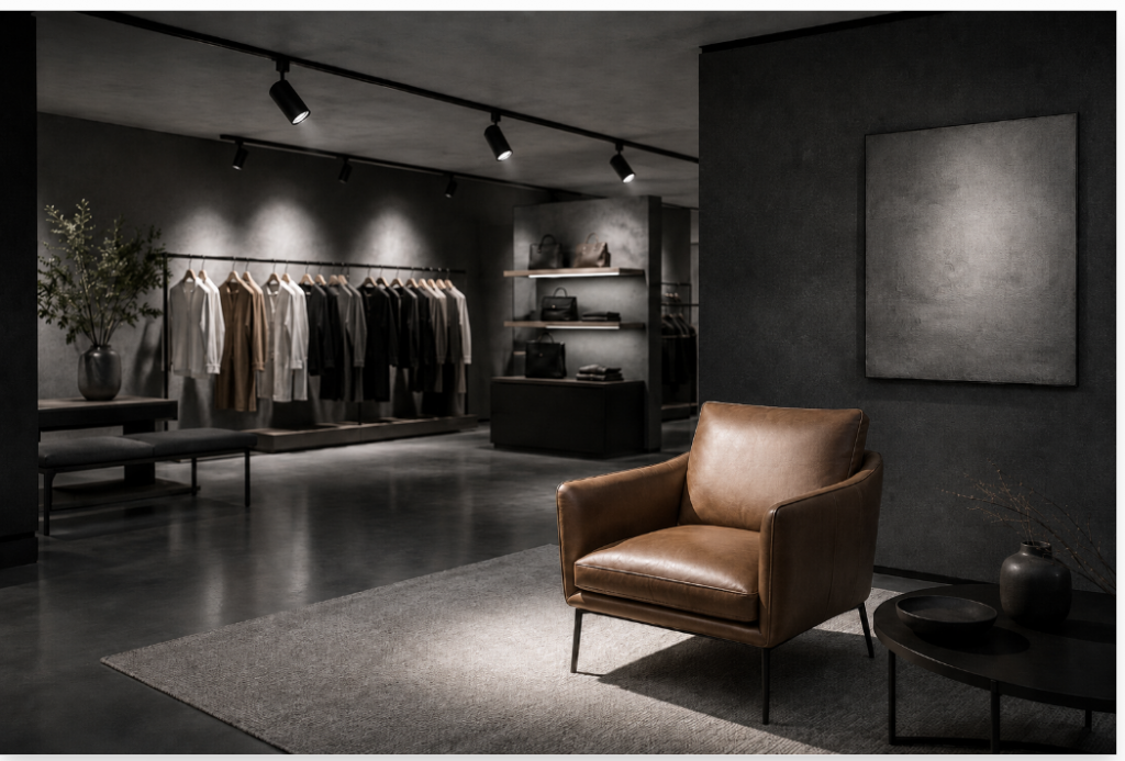 Premium European showroom interior with layered LED track lighting — a narrow-beam spotlight creating a bright, high-contrast accent on a single leather armchair in the foreground, a wider flood beam softly lighting a clothing rail and shelving behind it, and a noticeably dimmer, even ambient ceiling light filling the rest of the room, illustrating balanced showroom lighting without overlighting