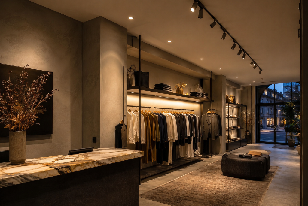 Modern retail store interior lit by DMX512 RGBW gimbal downlights and track lighting