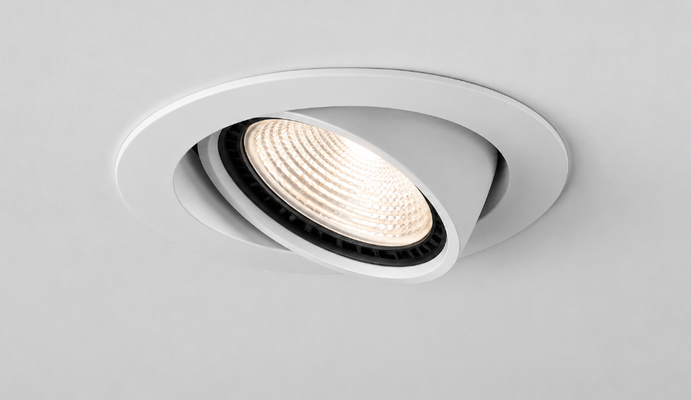 Close-up of an adjustable DMX512 gimbal downlight fixture