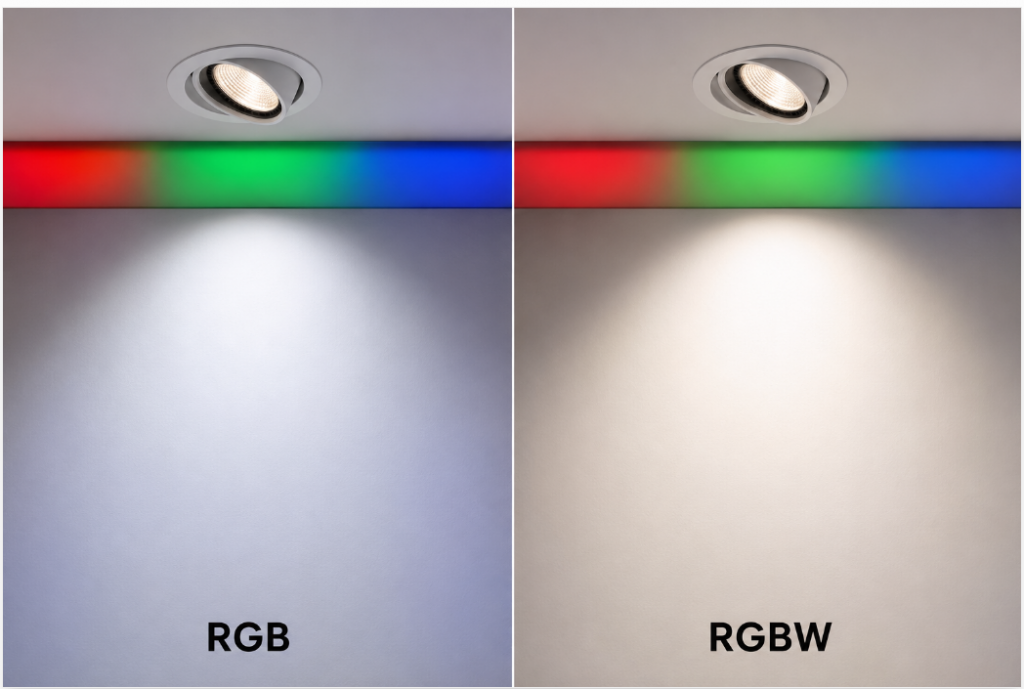 Comparison of RGB versus RGBW white light quality on a commercial wall