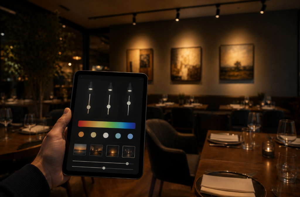 Tablet controlling DMX512 lighting scenes in a restaurant interior