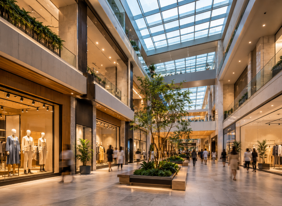 LED track spotlights and downlights illuminating a modern shopping mall atrium