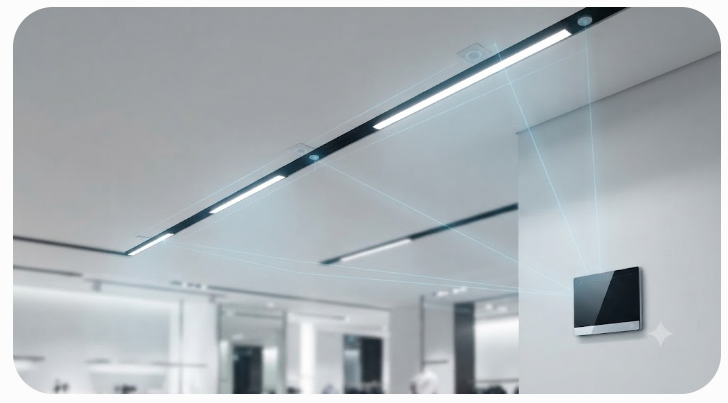 A close-up view of a modern retail ceiling with integrated LED track lights and discreet smart sensors. Faint blue lines connect the sensors to the fixtures and a control panel, visually representing intelligent, sensor-based energy management and automated lighting adjustments in a commercial environment.