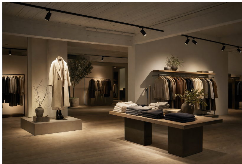 Nordic retail boutique with black track spotlights creating focal pools of light on a mannequin, display table and garment rack, against dim even ambient lighting.