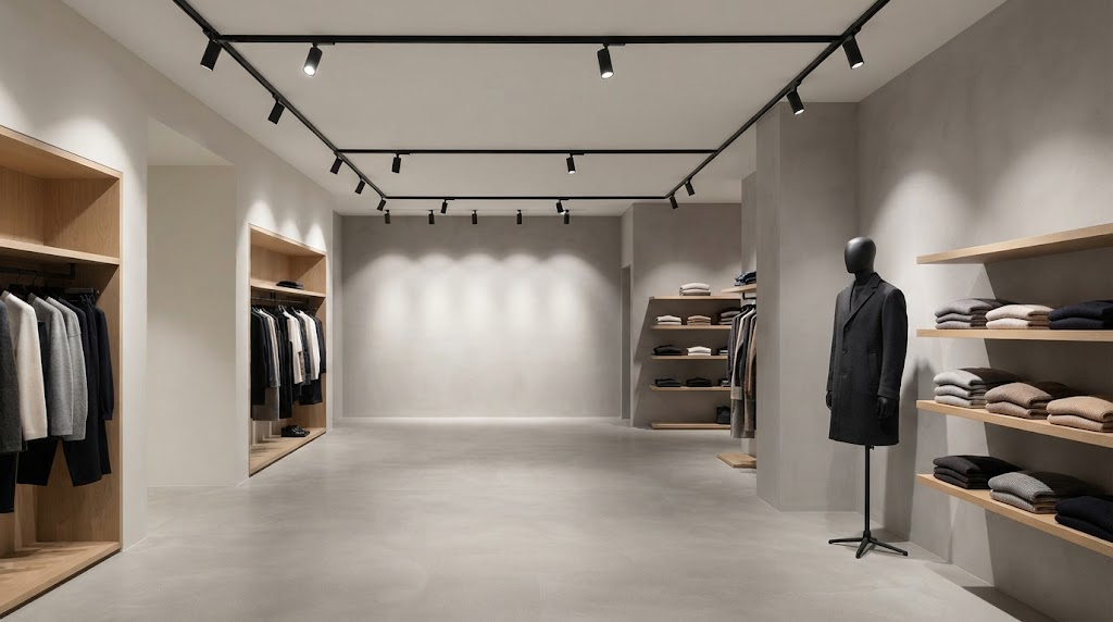 Commercial retail interior showing layered general, task and accent lighting