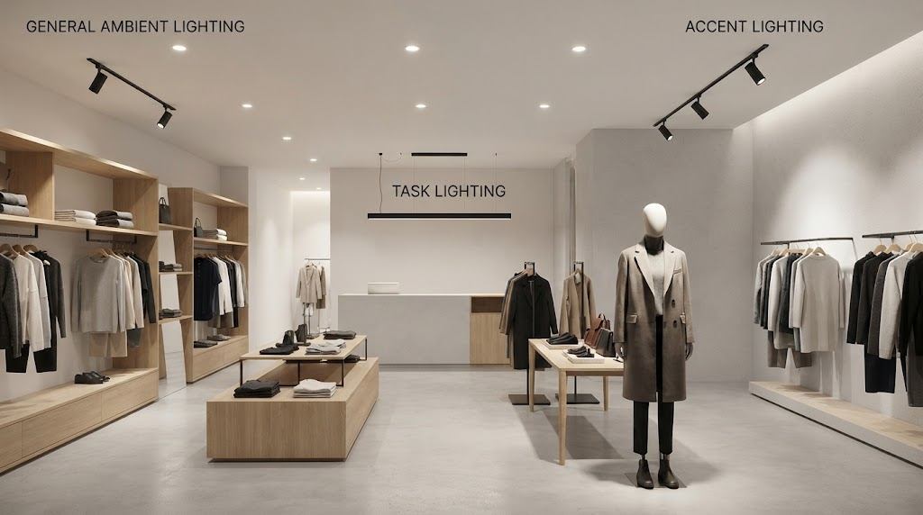 Retail interior combining general lighting, task lighting and accent lighting