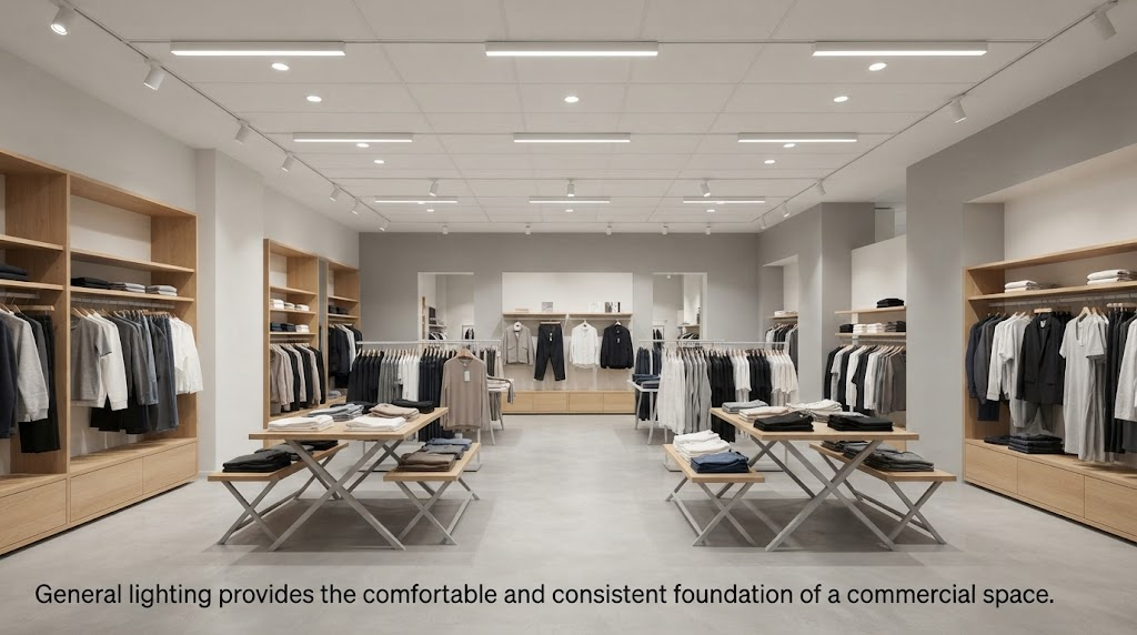 General lighting providing overall illumination in a commercial retail space