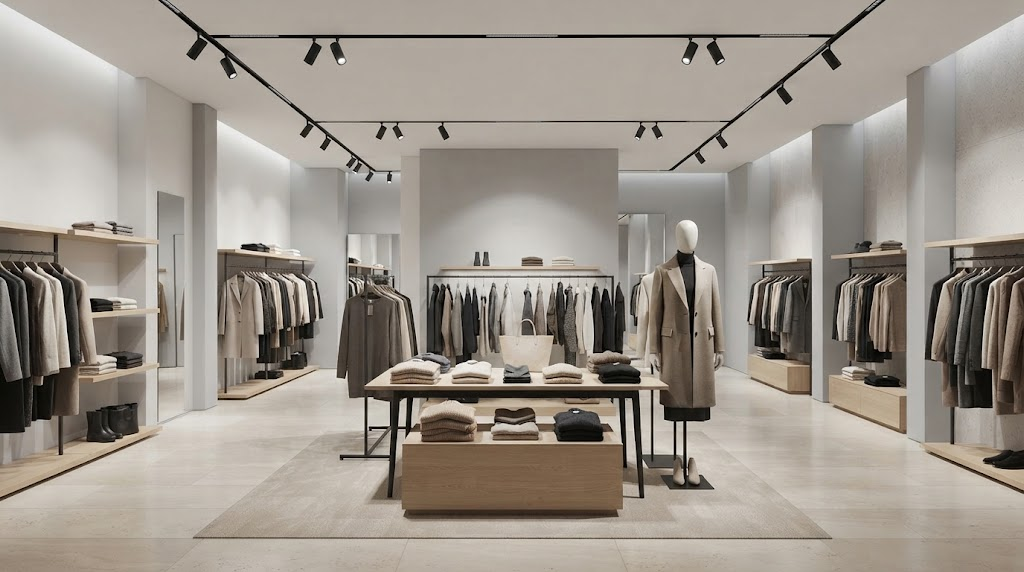 Scandinavian retail interior using layered commercial lighting to illuminate products and architectural spaces