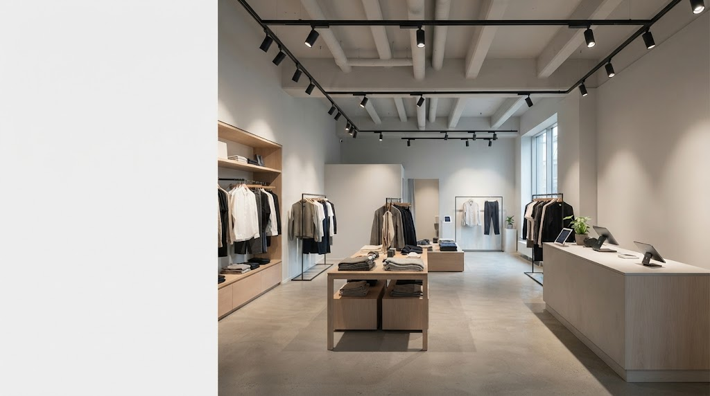 Task lighting in a Scandinavian retail interior with focused illumination for work and displays