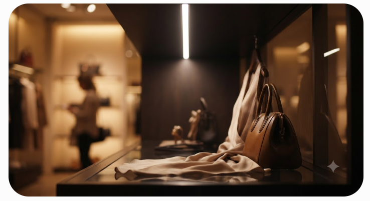 A focused shot inside a high-end boutique where precise accent lighting from overhead LED spots highlights a silk dress and handbag on display. The dramatic contrast created by the lighting emphasizes product texture and color, creating an engaging visual experience for customers.