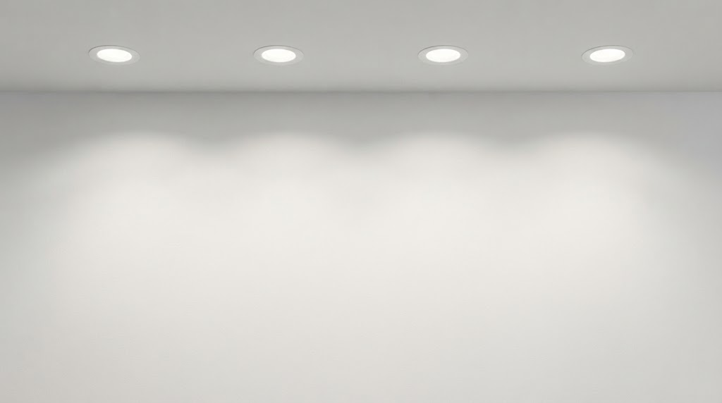 Four recessed LED downlights creating consistent light patterns on a white wall