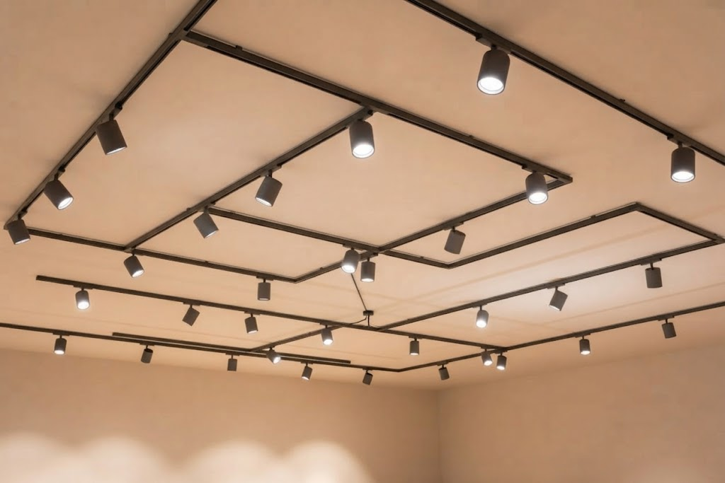 Downlights Ceiling Grid: A complex network of dark overhead track lighting fixtures and intersecting metallic tracks mounted on a smooth, neutral ceiling, illuminating a minimalist retail space.