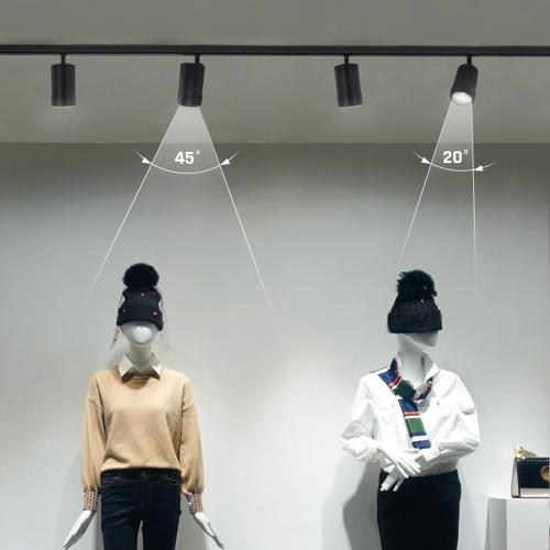 LED track spotlight beam angles highlighting products on a retail display