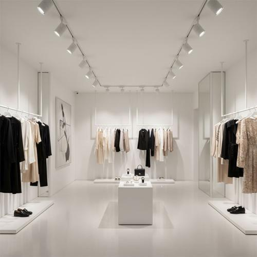 LED track spotlights illuminating products in a minimalist European retail store