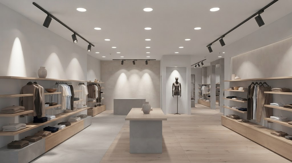 Smart zoned lighting with track spotlights and downlights in a European retail store