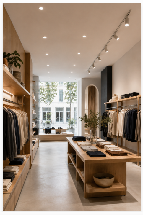 Nordic-style shop façade and display window at dusk. Light vertical wood cladding with floor-to-ceiling glass windows, warm interior glow spilling onto wet cobblestone street. A directed spotlight highlights a cream knit sweater on a wooden pedestal surrounded by potted plants, drawing passersby into the lit window.