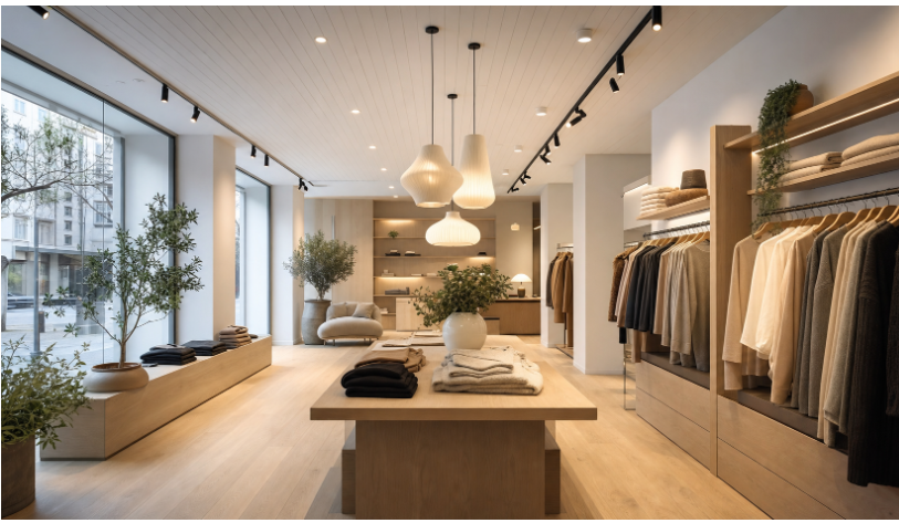 Close-up detail of linear LED lighting in a Nordic retail store. Thin recessed LED strips run along the underside of light-oak shelves on black metal brackets, casting an even warm wash onto neatly folded cream, grey and charcoal knitwear. Shallow depth of field, soft shadows, highlighting garment texture and color rendering.