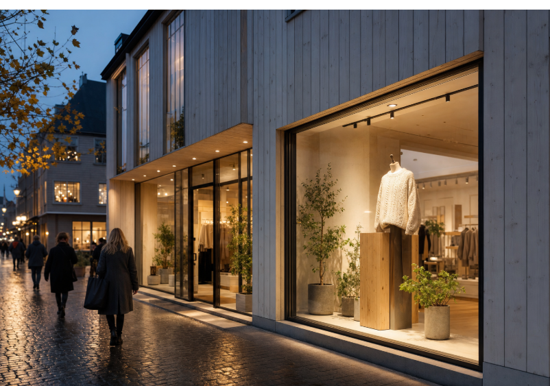 Nordic-style retail boutique interior showing three layered lighting: recessed LED downlights in the white plank ceiling for general ambient light, matte black track spotlights accenting clothing displays, and three sculptural ribbed-glass pendant lamps over the central display table for decorative warmth. Pale oak floors, off-white and warm grey palette, minimalist Scandinavian aesthetic.
