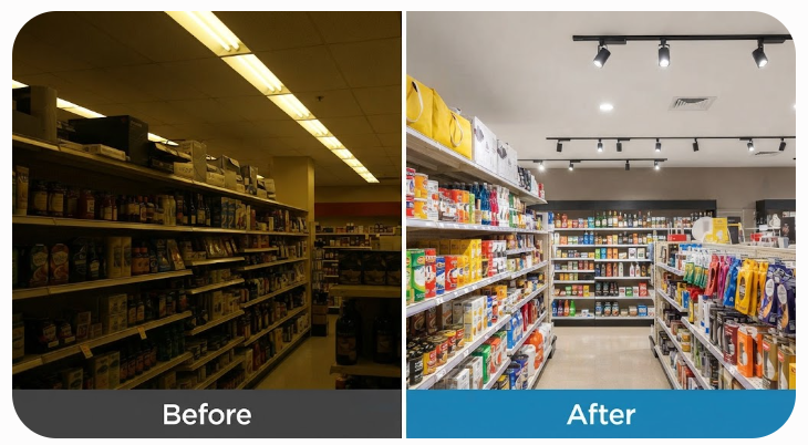 A split-screen comparison of a retail store aisle. The left side shows dim, uneven lighting from traditional fluorescent bulbs, while the right side illustrates the same aisle brightly and vibrantly illuminated by modern LED track lighting, highlighting the superior product presentation.