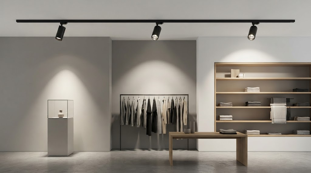 Different LED track spotlight beam angles illuminating retail displays