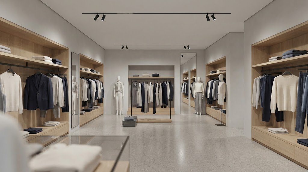 Modern European retail store with discreet track lighting supporting product displays