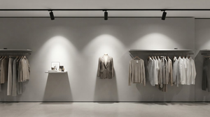 Completed premium retail store with 4000K dimmable DALI track spotlights providing layered accent and ambient lighting.